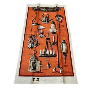 Vtg NOS Kay Dee Handprints Linen Tea Towel COLONIAL LIGHTING Primitive Kitchen